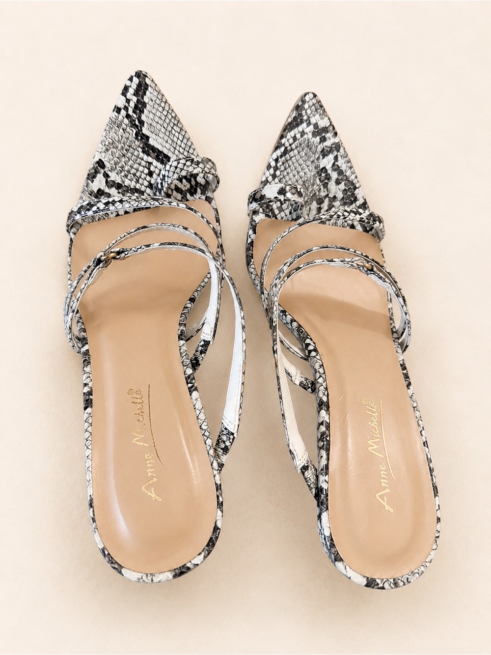 Anne Michelle Black & White Snake-Print Pointed Toe Strappy Mules